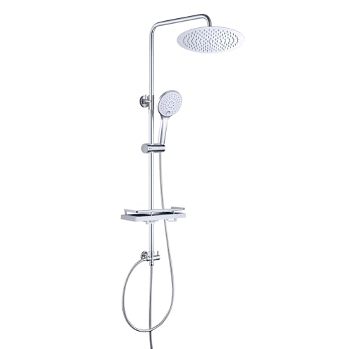 JOHO Regendusche Duschsystem ohne Armatur, Wassersparend Rain Shower Duschset Überkopfbrauseset aus Edelstahl mit Ablage Chrom(Kopfbrause D20 Rund)