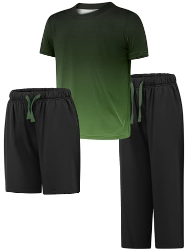 Cooraby 3 Pieces Teen Boys Pajs Short Sleeves Top, Shorts & Pants Soft Loose Fit Outfits with Drawstring Pockets for Summer