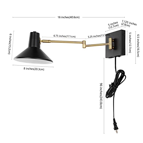 Image of JONATHAN Y 16 inch Black /Brass Gold 1-Light Modern Swing Arm Sconce with USB Port, Plug-in Midcentury LED Bedside Lamp with White Iron Shade for Bedroom Living Room (JYL1302B)