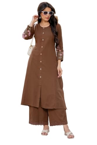Image of Pistaa's Women Cotton Elegant Off-White Floral Embroidered Sleeves Kurta Palazzo Set