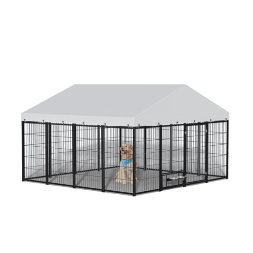 BKNROIHB Spacious Outdoor Dog Kennel with Reinforced Metal Structure, Adjustable Feeders, Weatherproof Roof Cover - Ideal for Dogs, Chickens, Ducks, Geese, and Rabbits