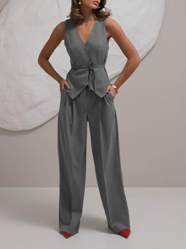 Cicy Bell Women's 2 Piece Outfits Sleeveless Tie Waist Suit Vest and Wide Leg Pants Business Casual Blazer Sets4
