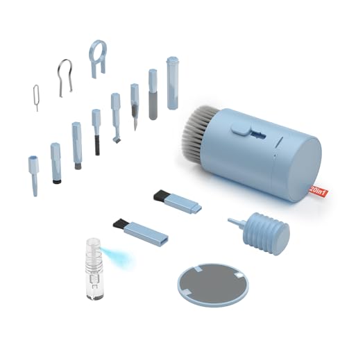Tounee Keyboard Cleaner Kit, Electronics Cleaning Kit with Retractable Big Brush, Portable, 20 in 1 Multi-Tool Kit for Phones, Tablet, Computer, PC Monitor,TV Camera Lens with 2.5ml Mist Spray (Blue)