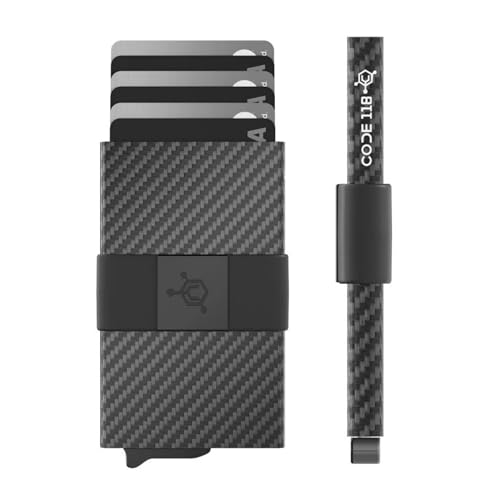 Image of CODE 118 Wallet for Men - Slim Minimalist Aluminum Smart Wallet with RFID Blocking - Compact cash and Credit card holder with Pop Up Ejector (Classic, Carbon Fiber)