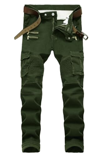 Men's Designer Stretch Casual Comfort Skinny Patchwork Cargo Biker Moto Jeans,1677 Dark Green,Size 40
