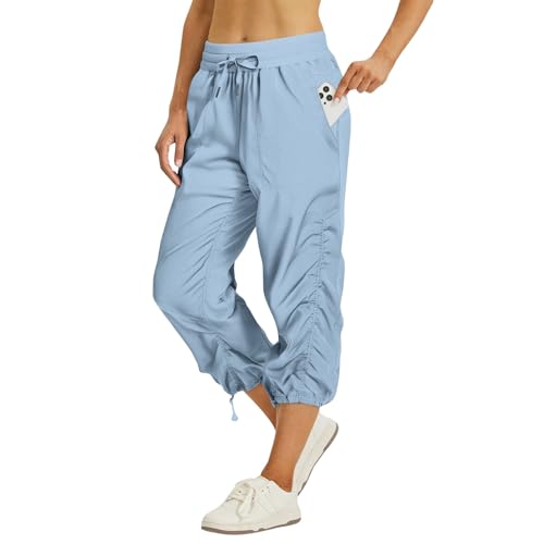 Capri Pants for Women Quick Dry Lightweight Hiking Pants Cropped Elastic High Waisted Pull On Pant with Pockets Baggy Wide Leg Cargo Pant Camping Capris Running Joggers Womens Summer Trendy Clothes