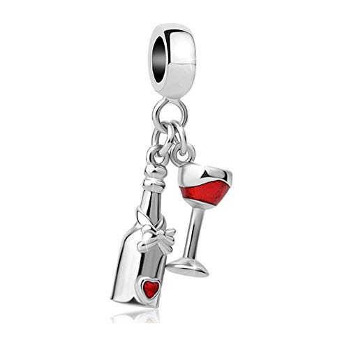 Sparkling Red Wine Bottle Glass Cup Charms Red Wine Lover Dangle Bead for Bracelets
