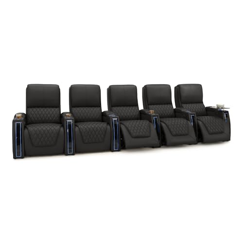 Image of Seatcraft Apex Black Italian Leather Home Theater Seating, Zero Gravity Power Recliner, Powered Headrest and Lumbar Gaming and Home Office Chair, Lounge Sofa Furniture for Cinema Room, Row of 5