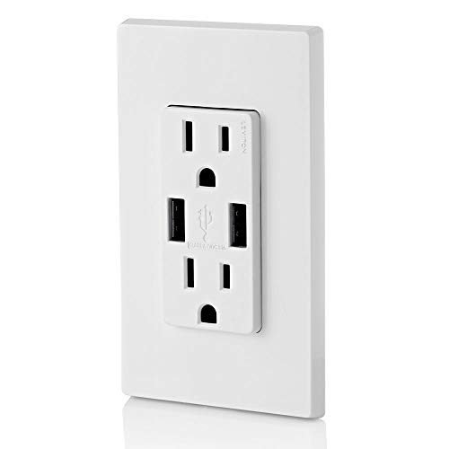 Image of Leviton Type-A USB In-Wall Charger with 15A Tamper-Resistant Outlet, USB Charger for Smartphones, T5632-W, White