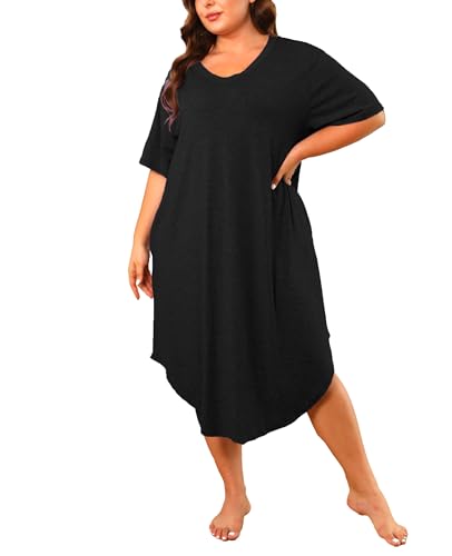 Womens Plus Size Nightgowns Sleepwear Short Sleeve Sleep Dress Knee Length Night Gowns Pockets2