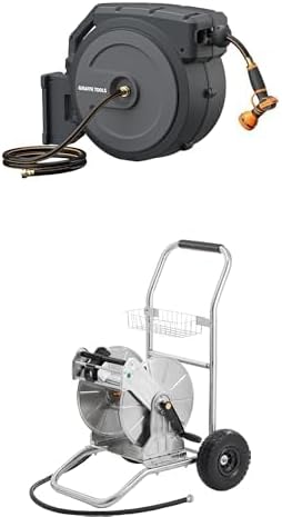 Bundle of Giraffe Tools AW40 Retractable Garden Hose Reel 5/8 inch x 90 ft Wall Mounted+Giraffe Tools Stainless Steel Heavy Duty Water Hose Reel Cart with Wheels, 200 ft of 1/2 Capacity