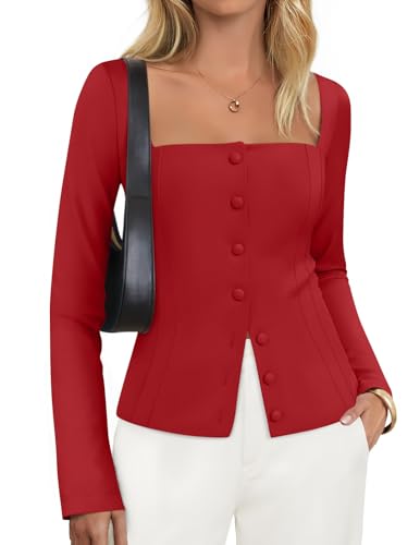 ZESICA Women's Fall Square Neck Blazers 2025 Casual Long Sleeve Button Up Work Business Fitted Blazer Jackets