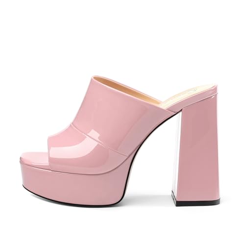 Image of Women Square Open Toe Platform Chunky Heel Slide Sandals | Slip On High Heel Dress Sandals, Elegant Formal Footwear For Wedding Club Evening Party Events