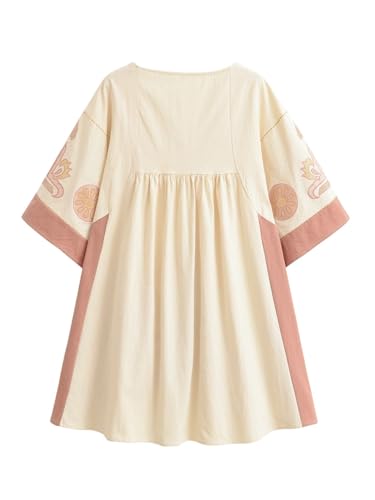 Image of Joiemont Womens Oversized Embroidered Dress with V-Neck and 3 /4 Sleeves Vintage Embroidery Babydoll Dress