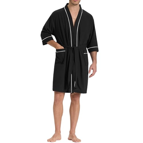 SIORO Men's Waffle Knit Robe for Summer, Short Lightweight Bathrobe with Pockets and Kimono, 3/4 Sleeves Loungewear for Spa