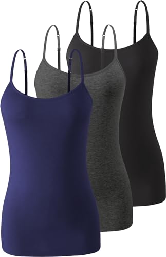 Komfokore 3 unidades de camiseta interior para mujer con sujetador de estante, algodón, camiseta de tirantes con tiras de espagueti ajustables, L
