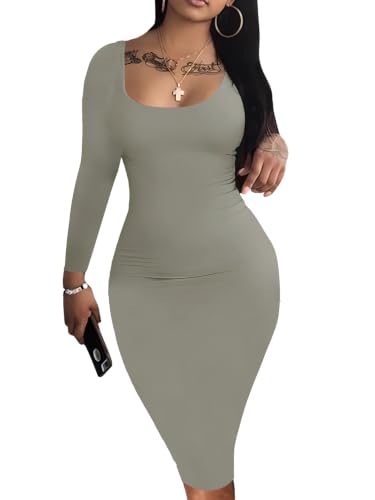 Image of Nimsruc Womens Autumn Casual Sexy Long Sleeves Bodycon Dress Basic Pencil Midi Club Dresses