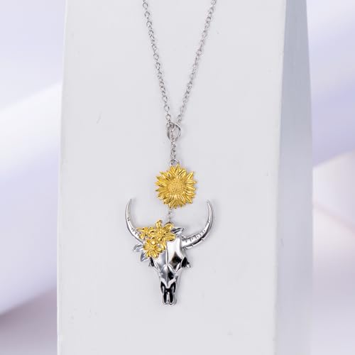 Bull-Necklace-925-Sterling-Silver-Bull-Skull-Head-with-Sunflower-Pendant-Cowgirl-Cowboy-Necklace-Boho-Western-Country-Jewelry-Gifts-for-Women Bull Necklace 925 Sterling Silver Bull Skull Head with Sunflower Pendant Cowgirl Cowboy Necklace Boho Western Country Jewelry Gifts for Women