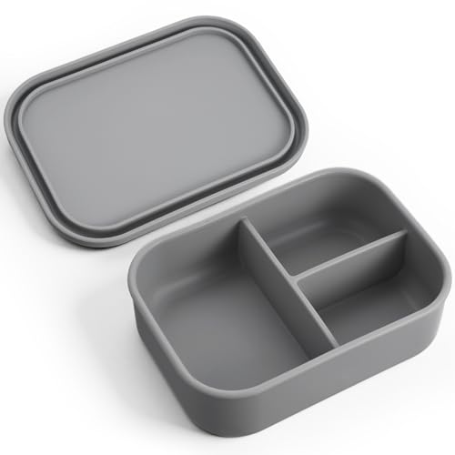Image of Layhit 1 Pcs Silicone Bento Box for Adults, 27 oz Bento Lunch Container Reusable Food Container for Women Men, Leak Proof Microwave Dishwasher Freezer Safe (3 Compartments,Dark Gray)