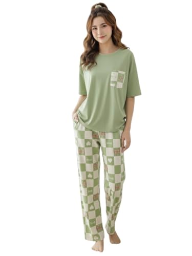 SHIENZY Women Korean Style Night Suit | Round Neck Short Sleeve Cute Printed Cotton Pajama Set for Girls & Women | Soft Nightwear, Lounge Wear, Sleepwear for Women | Co-ord Set(New-1695_GRN_L) Green