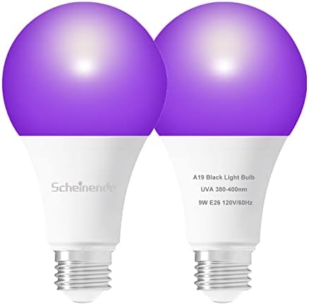 Scheinenda LED Black Lights Bulb Blacklight UL Listed A19 60Watt Equivalent, E26 Medium Base 120V, for Porch Hallway Patio Holiday Party Decoration, 2Pack