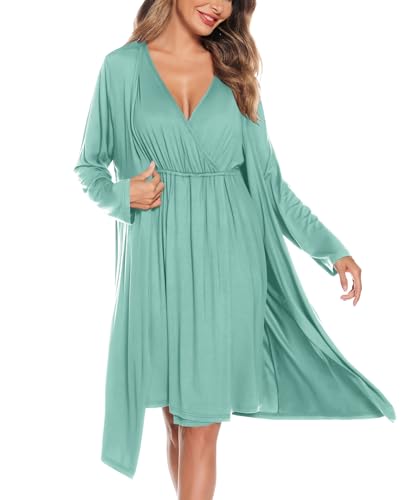 Image of SWOMOG Women Maternity Nursing Gown and Robe Set 3 in 1 Labor Delivery Nursing Nightgown for Breastfeeding Hospital Bathrobe