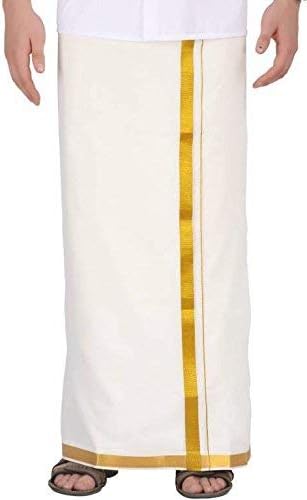 Cotton Mens Welcro Pocket Dhoti/Mundu - Jari Cotton Single Pocket Dhoti - Size 28-42 (Ivory/Cream)