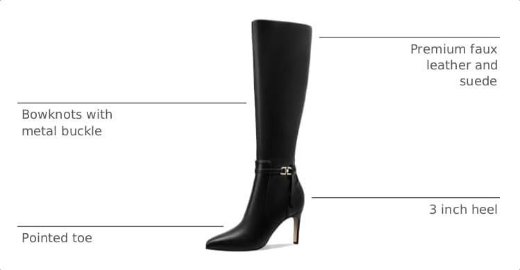 Image of Women's Knee High Boots Women Mid Heel Pointed Toe Tall Boots for Women High Heel Side Zipper with Buckle Bow Knots Long Boots for Fall Winter for Fall Winter