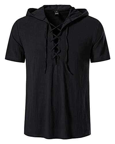 Mens Hooded Lace up Shirts Summer Regular Fit Short Sleeve Hoodies Smart Casual Lightweight Cotton Beach Hood T Shirt Tops-Black-2XL