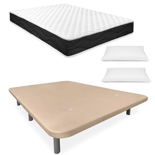 Homey Cama Completa con Colchón Sleep Pro Reversible + Base Tapizada Reforzada + Almohada/s, Acero aleado, Beige, 150 x 190 cm