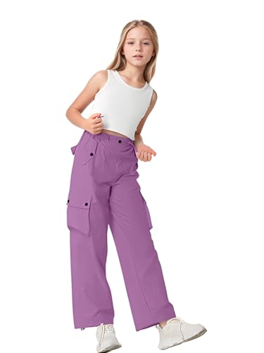 Image of HENGAO Girls Cargo Pants Parachute Casual Jogger Y2K 5-14 Years | Kids Baggy pants Parachute, Drawstring, with Pockets, Elastic High Waist, Loose Trousers Streetwear