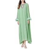 JOAU Chiffon Dress for Women Feather Trim Long Sleeve Rhinestones Eyelet Maxi Dress Formal Evening Party Pleated Flowy Dress Green