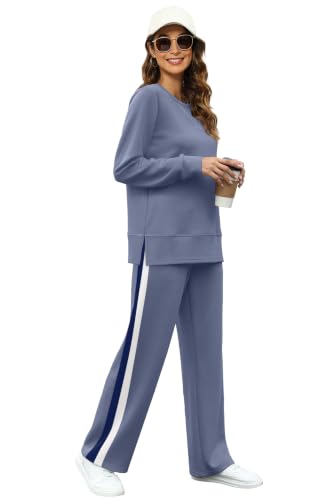 Image of OFEEFAN Women's 2 Piece Lounge Set Travel Airport Outfits Side Slit Tracksuit Wide Leg Loungewear Baggy Comfy Sweatsuit S-3XL