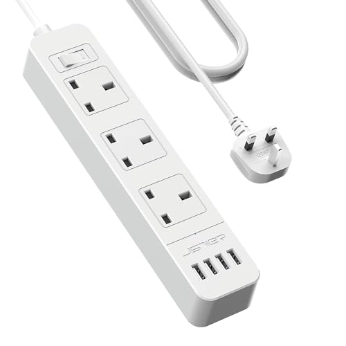 JSVER Extension Lead USB Power Socket with 3 Outlet 4 USB Charging Station Power Strip 3250W 13A with 3M Power Lead for home and office-White