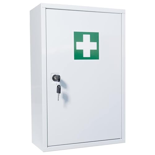 First Aid Products Verbandschrank A – inkl. DIN 13157:2021 Füllung (85-teilig) – Metall, 2 Ablageflächen – Sicherheitsschloss – Weiß – kompakt & wandmontierbar – 37 x 30 x 14 cm