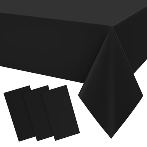 Image of Smiry Disposable Table Cloth 3 Pack, 54 x 156 Inch Waterproof Plastic Tablecloth, Decorative Rectangle Table Covers for Party, Birthday, Picnic, Black