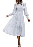 PRETTYGARDEN Women 2025 Spring Puff Long Sleeve Crewneck Smocked Maxi Dress Empire Waist Tiered A-line Swing Flowy Long Dress(White,X-Large)
