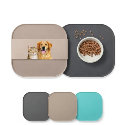 Napfunterlage Hund & Katze 2er Set Silikon 26x26 cm wasserfeste Futtermatte leicht zu reinigende Fressnapf-Unterlage abgerundetes Quadrat Hundenapf Unterlage & Katzennapf Unterlage