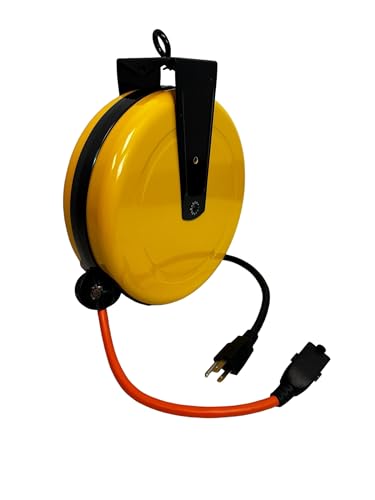 25 ft Locking, Retractable Extension Cord Reel - 15 amp (ORANGE CORD, YELLOW REEL)