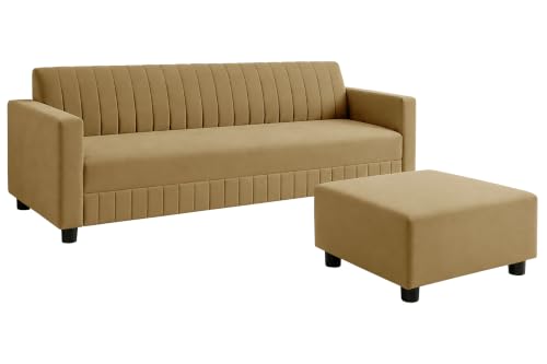 Image of 3 Seater Velvet Sofa with Ottoman | Modern Upholstered Couch | Comfortable Living Room Sofa | Durable & Stylish Seating for Home, Office & Guest Room - Golden Color
