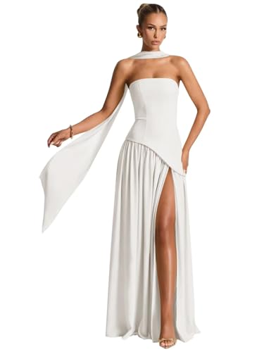 Strapless Long Bridesmaid Dresses with Scarf Elegant Chiffon Pleated A-Line Floor Length Formal Evening Gowns