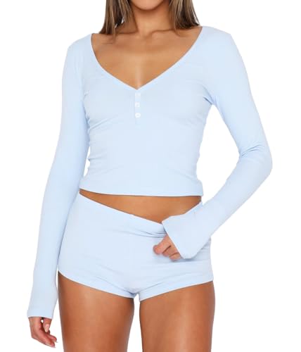 Image of INFITTY Womens Sexy Vneck 2 Piece Sets Casual Long Sleeve Button Short Pajama Outfit 2026 Trendy Crop Top Nightwear