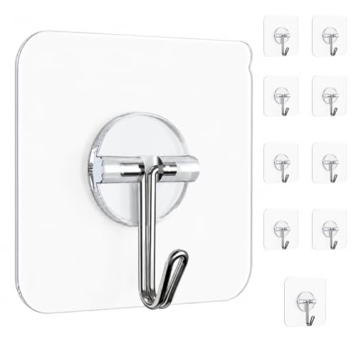 Image of KONVIO NEER Hanging Hooks for Wall Without Drilling - 10 Pack Self Adhesive Wall Hooks Heavy Duty, Transparent Stainless Steel Nail-Free Hanging Hooks for Kitchen, Bathroom, Keys & Home Organization