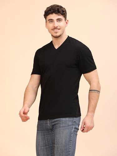 Image of Men's Cotton V-Neck T-Shirt-Soft, Breathable, Plain Solid Casual Tee for Everyday Wear & Layering