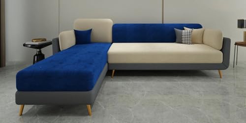 Image of Polyester Velvet Contemperory Sofa Set with Cushion Chaise Lounge, Sectional Sofa Perfect for Your Living Room,Guests Room & Office. (Blue & Beige, RHS 5 Seater)