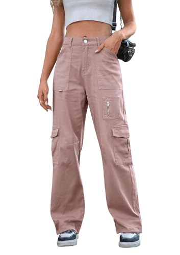 IVIR Cargo Pants Women Adjustable Waist High Waisted Cargo Pants Hiking Pants Baggy Travel Pink Large