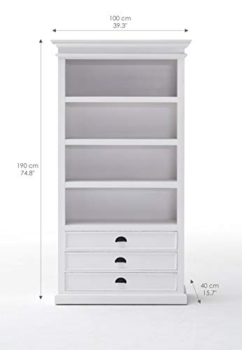 Novasolo Halifax Pure White Mahogany Wood Bookcase With 4 Shelves And 3 Drawers #TOP2