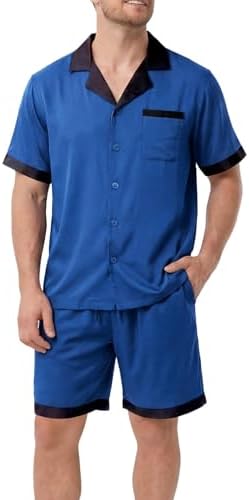 DAVID ARCHY Mens Satin Pajamas Set Soft Lightweight Summer Sleepwear Short Sleeve 2-Piece Lounge Set with Pockets (L, Royal Blue)