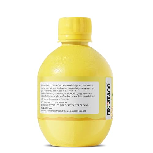 Image of Fruitaco Yellow Lemon Juice Concentrate - Pack of 5 (1250ml) | Equivalent to 125 Lemons | Pocket Bottle | Easy to Use in Cooking, Beverages, Shikanji, Lemonade & More