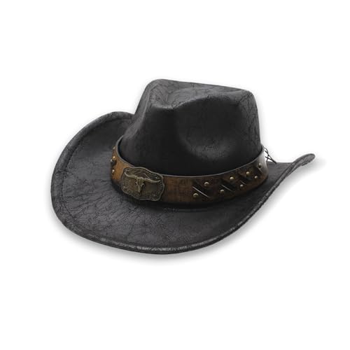 Henrrida Sombrero de vaquero occidental para hombres y mujeres, sombrero de jazz de cuero de fieltro de ala ancha con hebilla de cinturón, sombrero de vaquera de piel sintética, color negro